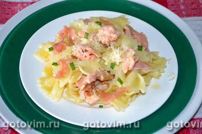 Фарфалле з копченим лососем в італійському стилі. Фотографія рецепта